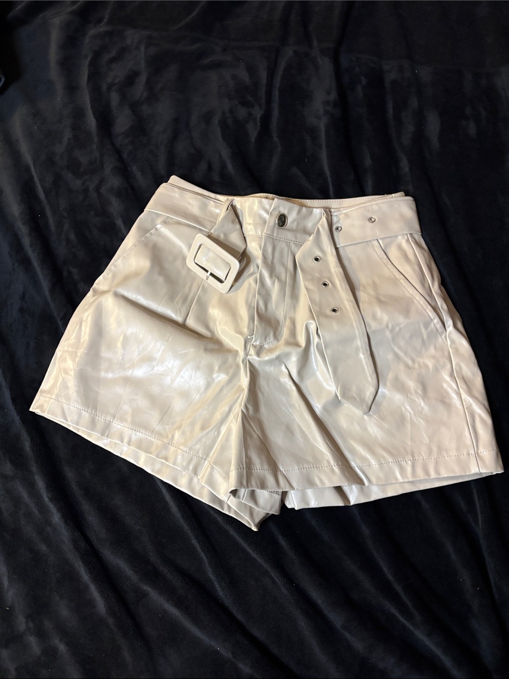 High-Waist Cream Faux Leather Belted Shorts